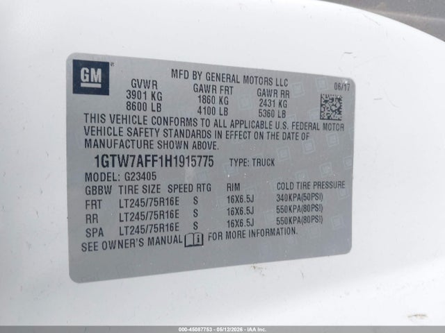 2017 Gmc Savana 2500 Work Van მანქანა იყიდება აუქციონზე, vin: 1GTW7AFF1H1915775, აუქციონის ნომერი: 45087753
