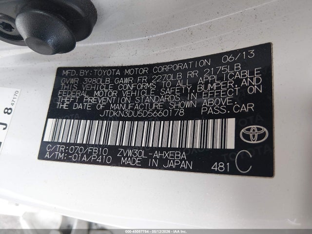 2013 Toyota Prius Two მანქანა იყიდება აუქციონზე, vin: JTDKN3DU5D5660178, აუქციონის ნომერი: 45087754