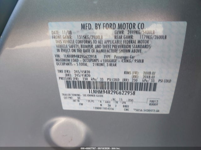Aukcja sprzedaży 2009 Lincoln Mks, vin: 1LNHM94R29G622958, numer aukcji: 45087767