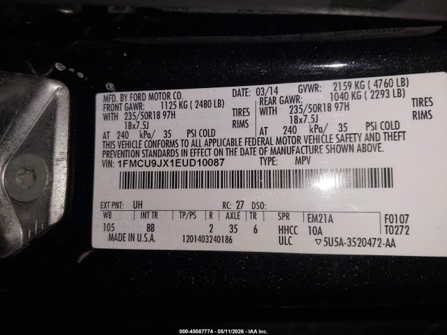 2014 Ford Escape Titanium მანქანა იყიდება აუქციონზე, vin: 1FMCU9JX1EUD10087, აუქციონის ნომერი: 45087774