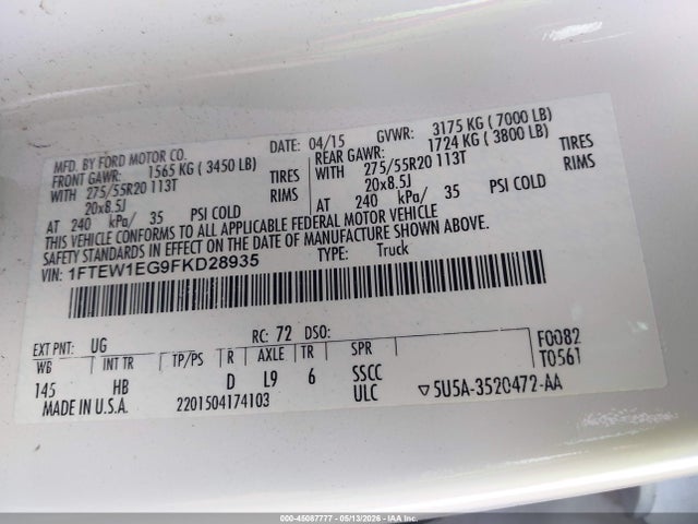 Ford F-150 Lariat 2015 1FTEW1EG9FKD28935 Image 9