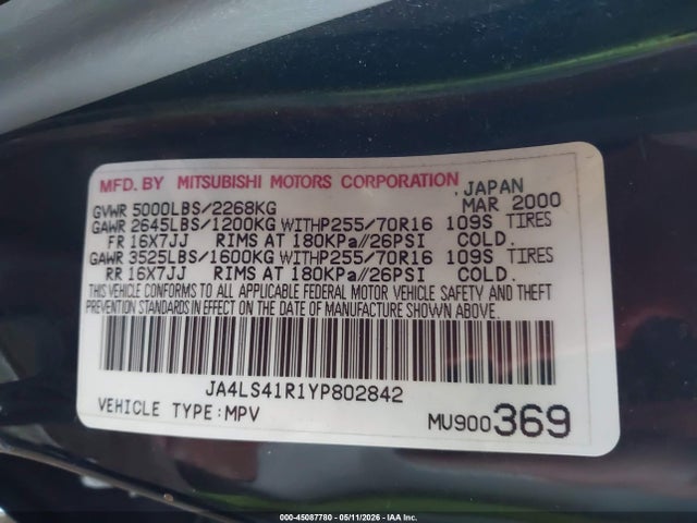 2000 Mitsubishi Montero Sport Ltd მანქანა იყიდება აუქციონზე, vin: JA4LS41R1YP802842, აუქციონის ნომერი: 45087780