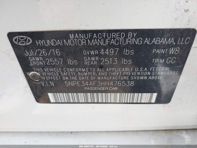 Auction sale of the 2017 Hyundai Sonata Limited, vin: 5NPE34AF3HH476538, lot number: 45087781