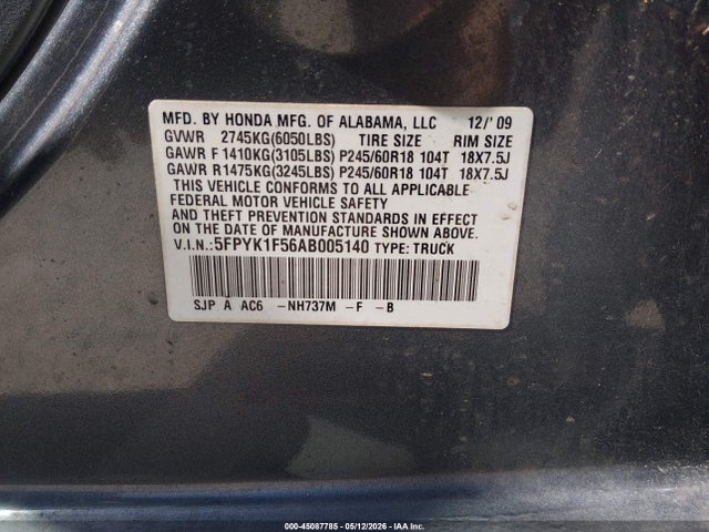 45087785 :رقم المزاد ، 5FPYK1F56AB005140 vin ، 2010 Honda Ridgeline Rtl مزاد بيع
