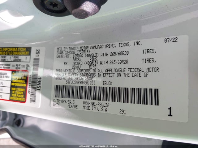 Aukcja sprzedaży 2022 Toyota Tundra Hybrid Limited, vin: 5TFJC5AB9NX001221, numer aukcji: 45087787