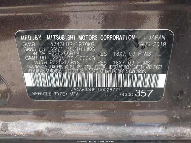 45087797 :رقم المزاد ، JA4AP3AU6LU002877 vin ، 2020 Mitsubishi Outlander Sport 2.0 Es مزاد بيع
