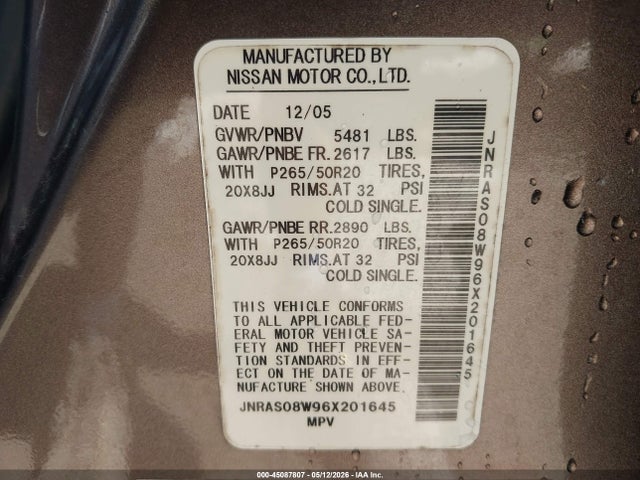 Auction sale of the 2006 Infiniti Fx35, vin: JNRAS08W96X201645, lot number: 45087807