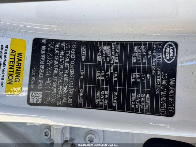 Aukcja sprzedaży 2020 Land Rover Range Rover Evoque S, vin: SALZJ2FX4LH011179, numer aukcji: 45087825