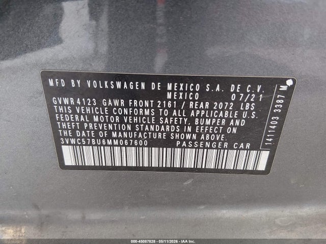 Aukcja sprzedaży 2021 Volkswagen Jetta 1.4t R-line/1.4t S/1.4t Se, vin: 3VWC57BU6MM067600, numer aukcji: 45087828