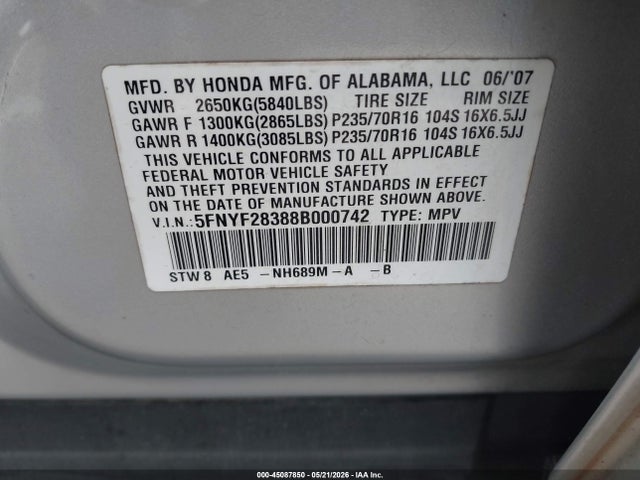 2008 Honda Pilot Se მანქანა იყიდება აუქციონზე, vin: 5FNYF28388B000742, აუქციონის ნომერი: 45087850