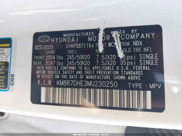 45087853 :رقم المزاد ، KM8R7DHE3MU230250 vin ، 2021 Hyundai Palisade Calligraphy مزاد بيع