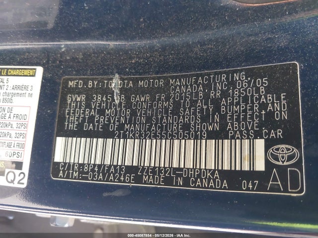 45087854 :رقم المزاد ، 2T1KR32E55C505019 vin ، 2005 Toyota Matrix مزاد بيع