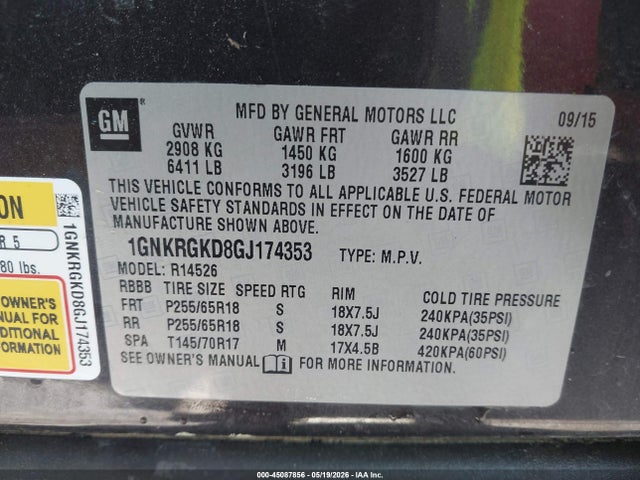 45087856 :رقم المزاد ، 1GNKRGKD8GJ174353 vin ، 2016 Chevrolet Traverse 1lt مزاد بيع