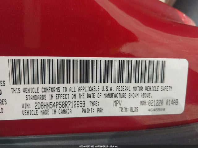 45087865 :رقم المزاد ، 2D8HN54P58R712659 vin ، 2008 Dodge Grand Caravan Sxt مزاد بيع
