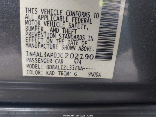 2018 Nissan Altima 2.5 Sv მანქანა იყიდება აუქციონზე, vin: 1N4AL3AP0JC202190, აუქციონის ნომერი: 45087891