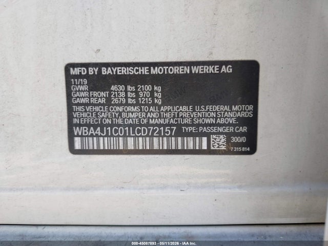 45087893 :رقم المزاد ، WBA4J1C01LCD72157 vin ، 2020 Bmw 430i Gran Coupe مزاد بيع