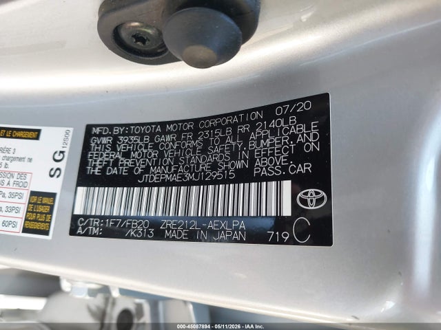 45087894 :رقم المزاد ، JTDEPMAE3MJ129515 vin ، 2021 Toyota Corolla Le مزاد بيع