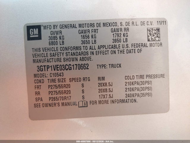 Aukcja sprzedaży 2012 Gmc Sierra 1500 Sle, vin: 3GTP1VE03CG170662, numer aukcji: 45087898