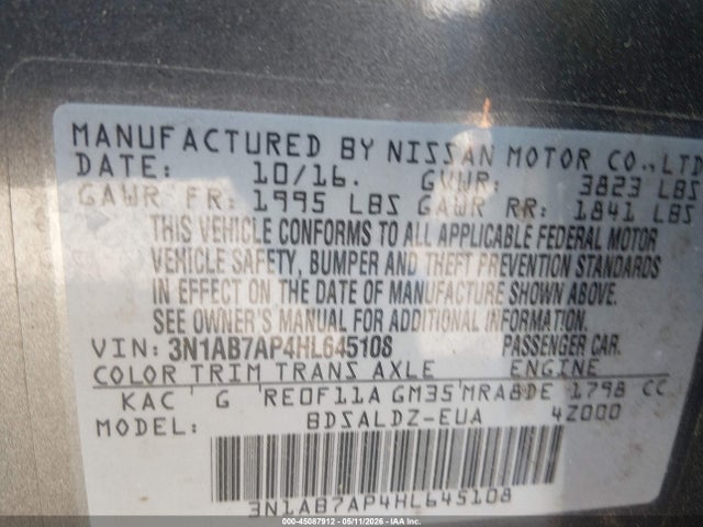 Продажа на аукционе авто 2017 Nissan Sentra S/sl/sr/sv, vin: 3N1AB7AP4HL645108, номер лота: 45087912