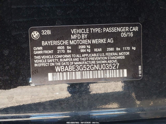 Aukcja sprzedaży 2016 Bmw 328i Xdrive, vin: WBA8E3G52GNU03527, numer aukcji: 45087952