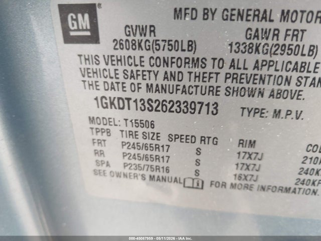 Продажа на аукционе авто 2006 Gmc Envoy Sle, vin: 1GKDT13S262339713, номер лота: 45087959