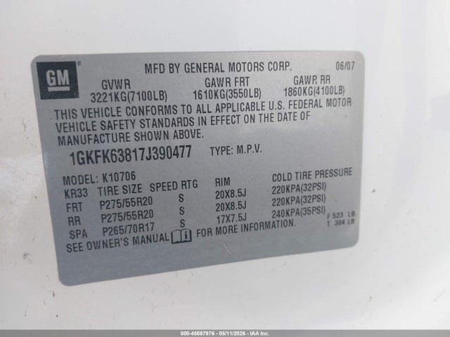 Продаж на аукціоні авто 2007 Gmc Yukon Denali Denali, vin: 1GKFK63817J390477, номер лоту: 45087976