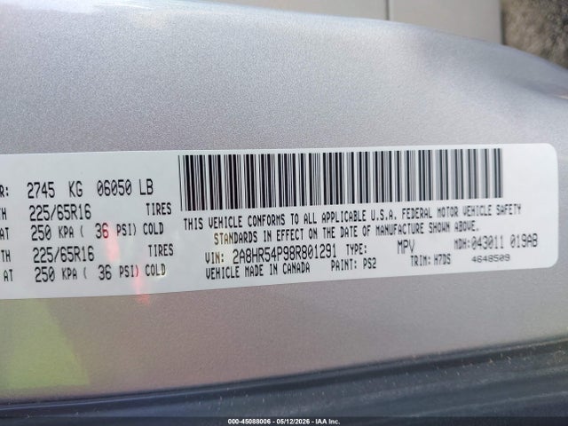 Auction sale of the 2008 Chrysler Town & Country Touring, vin: 2A8HR54P98R801291, lot number: 45088006