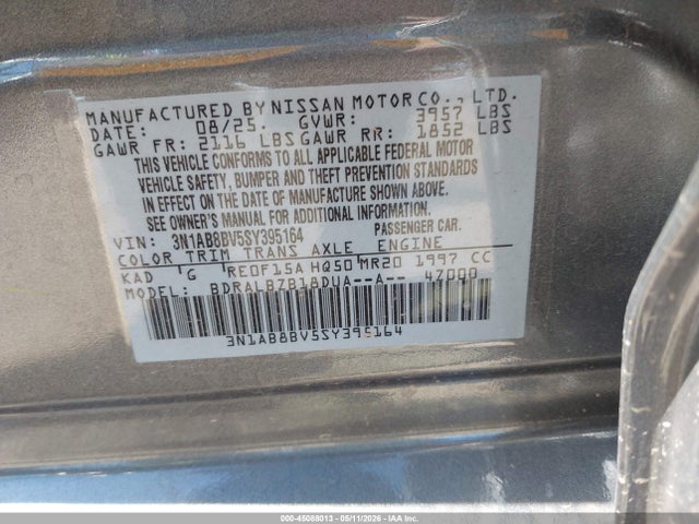 45088013 :رقم المزاد ، 3N1AB8BV5SY395164 vin ، 2025 Nissan Sentra S مزاد بيع