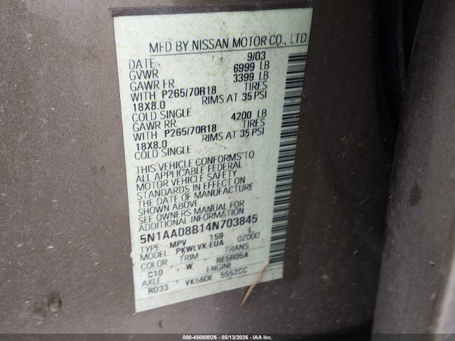 45088026 :رقم المزاد ، 5N1AA08B14N703845 vin ، 2004 Nissan Pathfinder Armada Le مزاد بيع