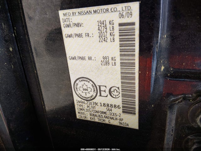 45088031 :رقم المزاد ، 1N4AL21E39C188886 vin ، 2009 Nissan Altima 2.5 S مزاد بيع