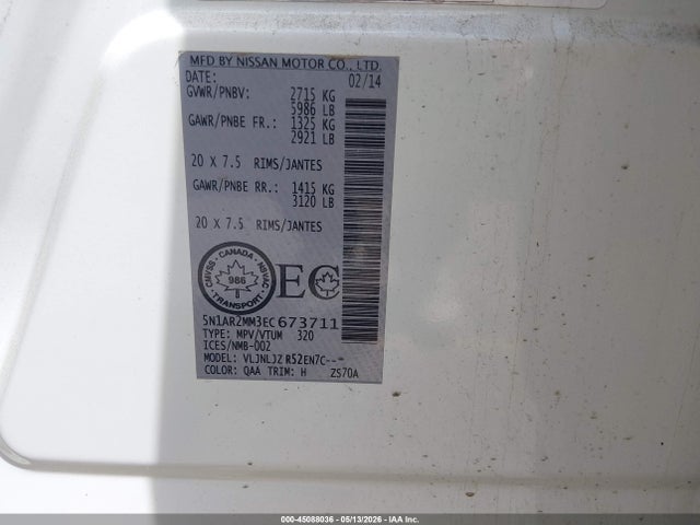 Продаж на аукціоні авто 2014 Nissan Pathfinder Platinum/s/sl/sv, vin: 5N1AR2MM3EC673711, номер лоту: 45088036