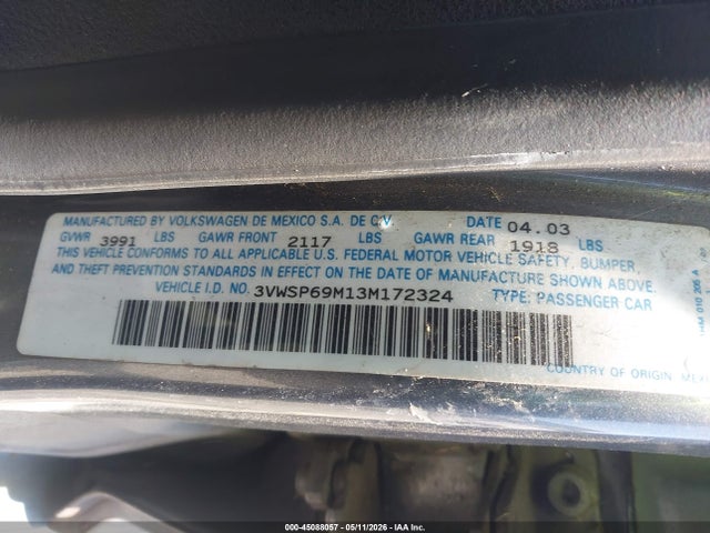 2003 Volkswagen Jetta Gls Tdi მანქანა იყიდება აუქციონზე, vin: 3VWSP69M13M172324, აუქციონის ნომერი: 45088057