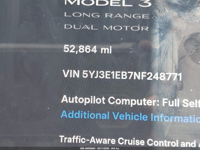 Aukcja sprzedaży 2022 Tesla Model 3 Long Range Dual Motor All-wheel Drive, vin: 5YJ3E1EB7NF248771, numer aukcji: 45088063