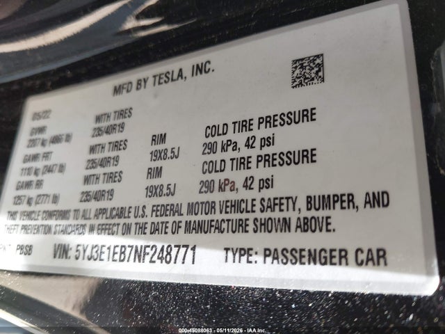 Aukcja sprzedaży 2022 Tesla Model 3 Long Range Dual Motor All-wheel Drive, vin: 5YJ3E1EB7NF248771, numer aukcji: 45088063