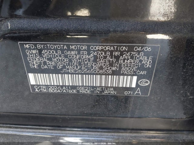 45088070 :رقم المزاد ، JTHBE262565008538 vin ، 2006 Lexus Is 350 مزاد بيع