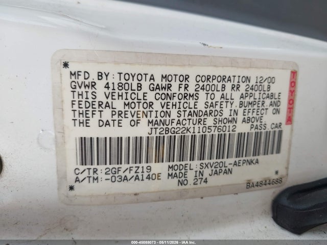 2001 Toyota Camry Le მანქანა იყიდება აუქციონზე, vin: JT2BG22K110576012, აუქციონის ნომერი: 45088073