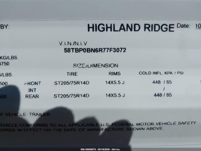 45088078 :رقم المزاد ، 58TBP0BN6R77F3072 vin ، 2024 Highland Ridge 26bhw مزاد بيع