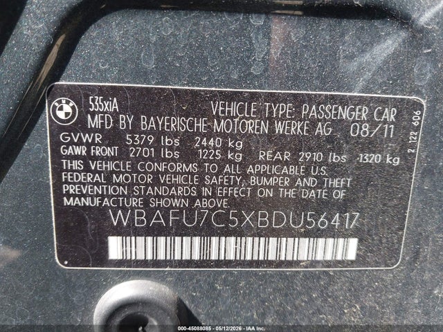 Продаж на аукціоні авто 2011 Bmw 535i Xdrive, vin: WBAFU7C5XBDU56417, номер лоту: 45088085
