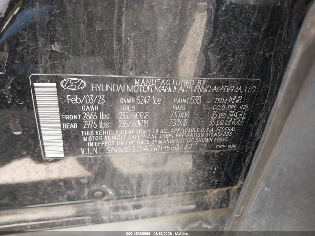 2023 Hyundai Santa Fe Sel მანქანა იყიდება აუქციონზე, vin: 5NMS3DAJ1PH550669, აუქციონის ნომერი: 45088086