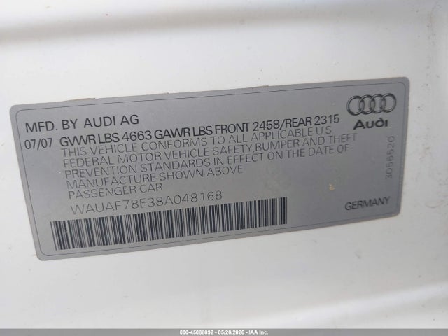 45088092 :رقم المزاد ، WAUAF78E38A048168 vin ، 2008 Audi A4 2.0t/2.0t Special Edition مزاد بيع