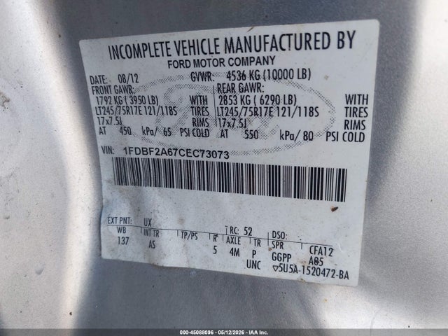 45088096 :رقم المزاد ، 1FDBF2A67CEC73073 vin ، 2012 Ford F-250 Xl مزاد بيع