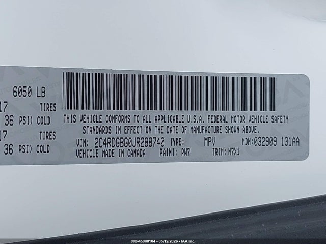 45088104 :رقم المزاد ، 2C4RDGBG0JR288740 vin ، 2018 Dodge Grand Caravan Se مزاد بيع