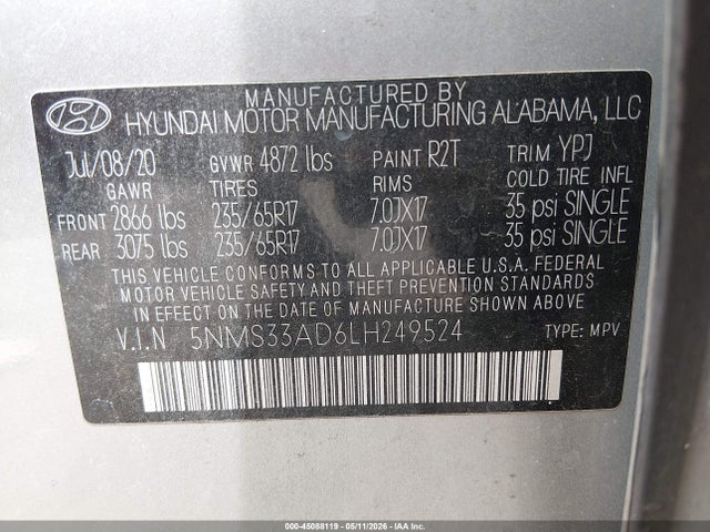 Aukcja sprzedaży 2020 Hyundai Santa Fe Sel, vin: 5NMS33AD6LH249524, numer aukcji: 45088119