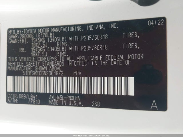 Aukcja sprzedaży 2022 Toyota Sienna Platinum, vin: 5TDESKFC6NS061872, numer aukcji: 45088121