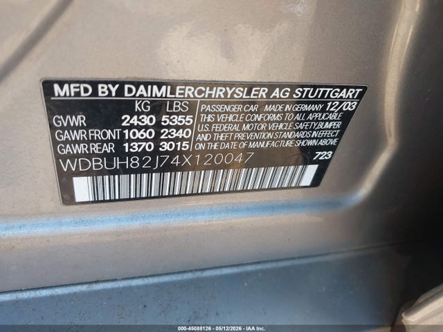 45088126 :رقم المزاد ، WDBUH82J74X120047 vin ، 2004 Mercedes-benz E 320 4matic مزاد بيع