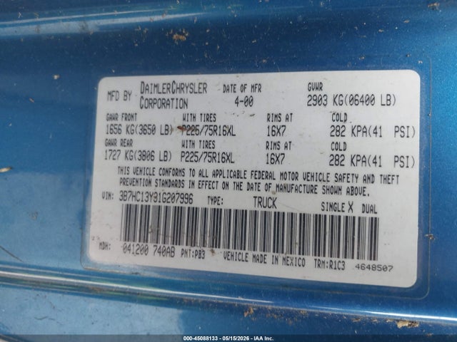 Aukcja sprzedaży 2001 Dodge Ram 1500 St, vin: 3B7HC13Y31G207996, numer aukcji: 45088133