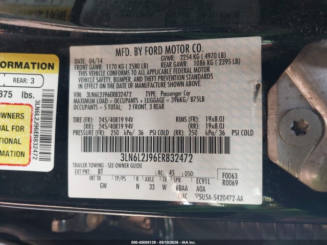 Продажа на аукционе авто 2014 Lincoln Mkz, vin: 3LN6L2J96ER832472, номер лота: 45088139
