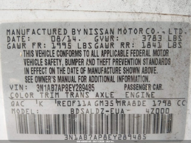 45088145 :رقم المزاد ، 3N1AB7AP8EY289485 vin ، 2014 Nissan Sentra Sv مزاد بيع
