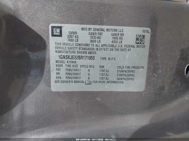 45088146 :رقم المزاد ، 1GNSKJE32BR171950 vin ، 2011 Chevrolet Suburban 1500 Lt1 مزاد بيع