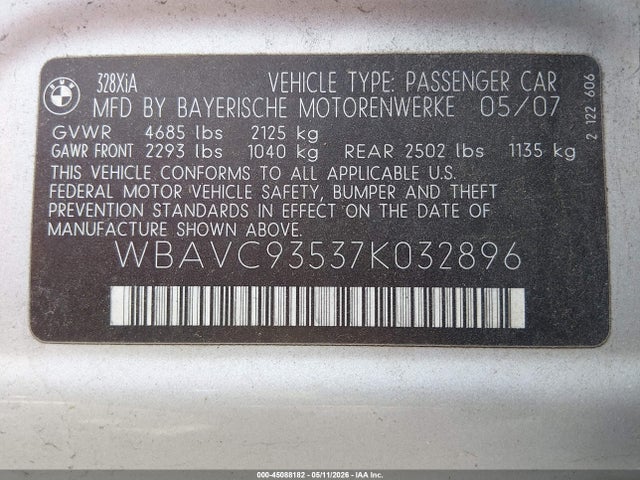 2007 Bmw 328xi მანქანა იყიდება აუქციონზე, vin: WBAVC93537K032896, აუქციონის ნომერი: 45088182